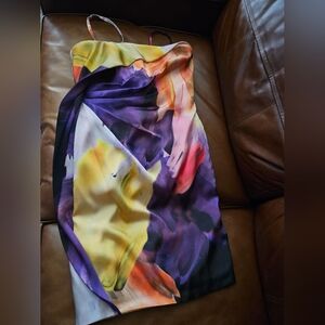 PAMELLA ROLAND Designer Watercolor Abstract Print Pleat-Accented Maxi Dress Sz 6